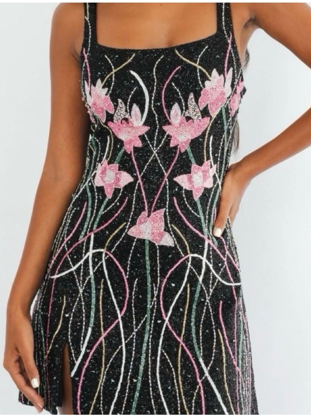 Black Mini Slip Dress with Pink Floral Sequin Embroidery